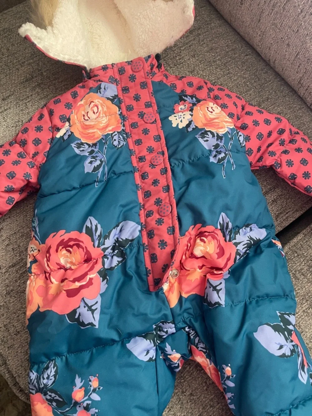 Matilda Jane Teal Floral Puffer Footed Snowsuit with Coral Pink Sleeves - Picture 2 of 5